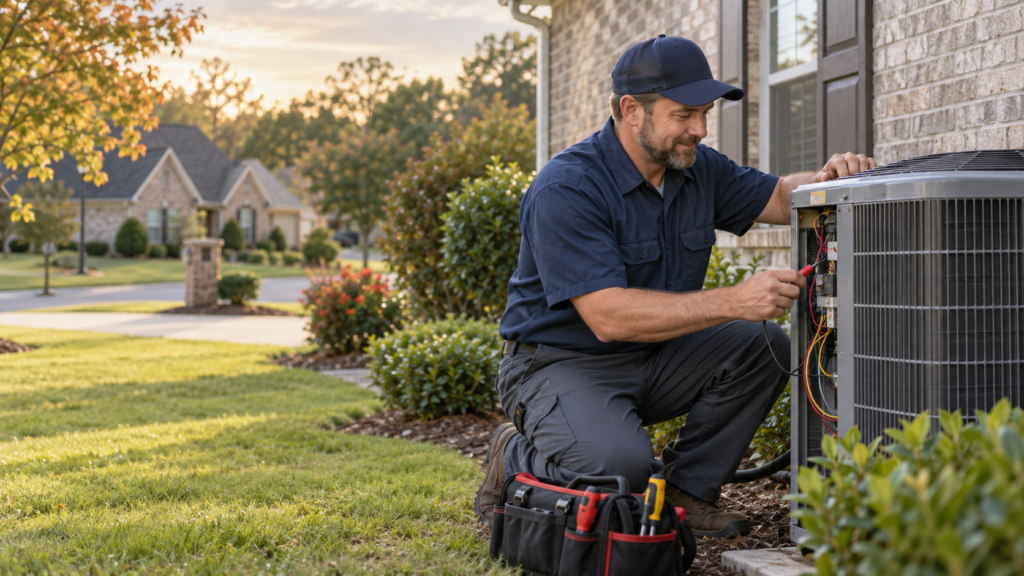 HVAC technician performing fall maintenance on an outdoor heat pump near Birmingham, Alabama
