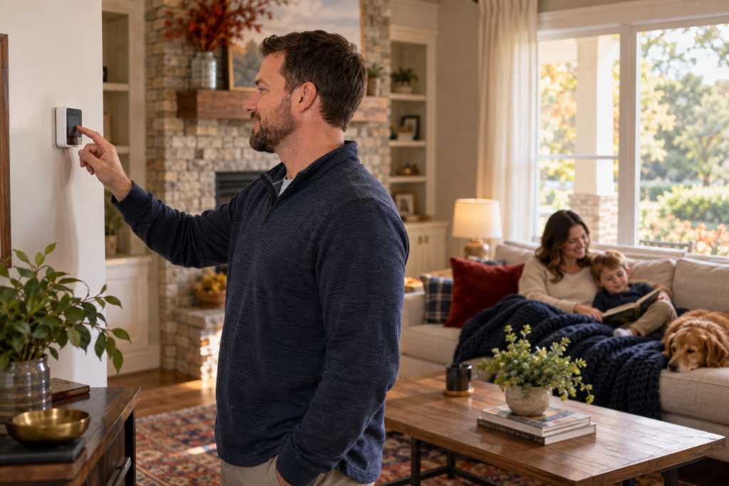 Birmingham homeowner testing the thermostat before Alabama fall temperatures drop